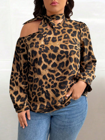 Plus Size Women's Irregular Collar Leopard Print Shirt