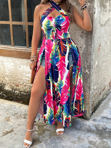 Plus Size Tropical Print Halter Neck Backless Long Tunic With High Slit