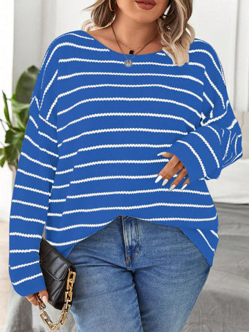 Plus Size Women's Loose Round Neck Drop Shoulder Long Sleeve Striped Pullover Sweater, Autumn And Winter