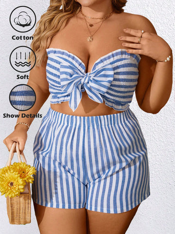 Plus Size Women's Striped Front Tie Crop Top And Shorts Set
