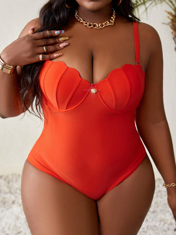 Plus Size Summer Beach Printed One-Piece Swimsuit With Bust Detail And Strap Detail
