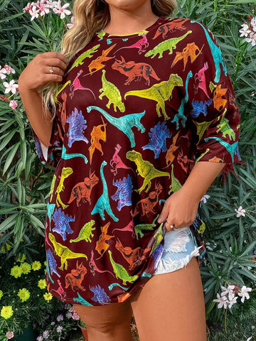 Plus Size Women's Summer Dinosaur Printed Round Neck Half Sleeve T-Shirt
