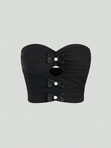 Solid Color Bowknot Decorated Hollow Out Pleated Slim Fit Tube Top