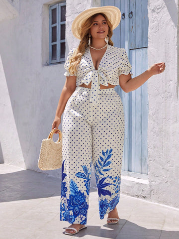Plus Size Women's Vacation Polka Dots Print Summer Bandeau Top And Floral Print Wide Leg Pants Beachwear Set