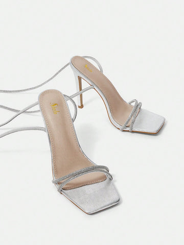 Women's Square Toe Peep Toe Slip-On Stiletto High Heel Sandals With Clear Straps & Rhinestone Decoration