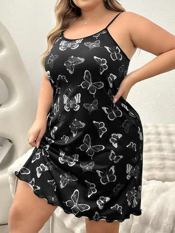 Plus Size Butterfly Printed Lettuce Edge Cami Nightgown For Summer