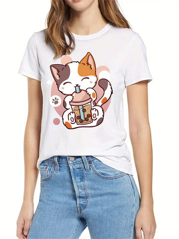 Women's Summer Cartoon Cat Prints Round Neck Short Sleeve Casual T-Shirt