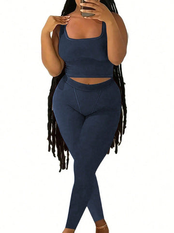 Plus Size Square Neck Sleeveless Top And Long Pants Basic Set For Summer