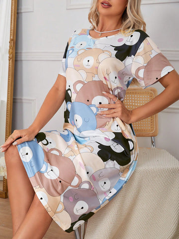 Women's Cute Printed Bear Short Sleeve Sleep Dress In Plus Size