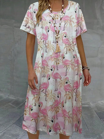 Plus Size Women's Loose Fit Short Sleeve Flamingo Print Round Neck Long Dress For Summer