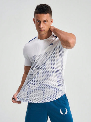 Men's Geometric Printed Round Neck Short Sleeve Summer Sports T-Shirt Workout Tops