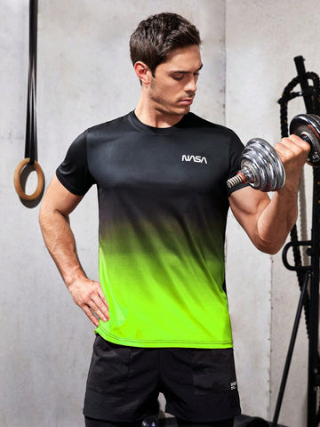 Men's Fashionable Black To Green Ombre Sports T-Shirt For Summer Workout Tops