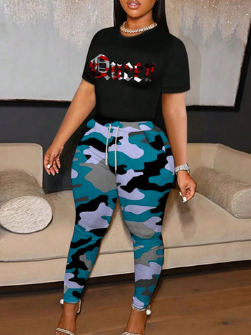 Plus Size Fashionable Camouflage Print Short Sleeve Top And Pants Casual Two Piece Set