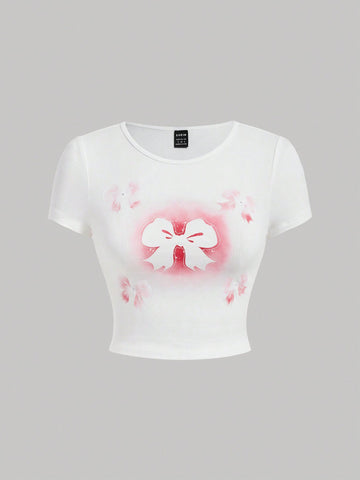 White Printed Bow Tie Round Neck Short Sleeve T-Shirt