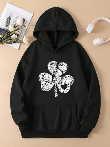 Lucky Clover Printed Drawstring Hooded Fleece Sweatshirt, Suitable For Autumn And Winter