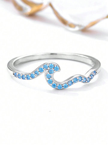 1pc Glamorous Cubic Zirconia Wave Design Silver Ring For Women For Girlfriend's Gift