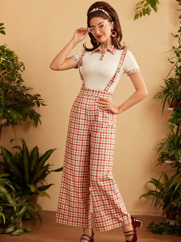 1960s Women's Vintage Casual 2pcs Set With Turn Down Collar Short Sleeve Top And Plaid Patchwork Overall Shorts For Spring/Summer Set Summer Two Piece Outfits Renaissance Plaid