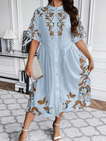 Plus Size Vacation Themed Printed Stand Collar Front Button-Up Dress