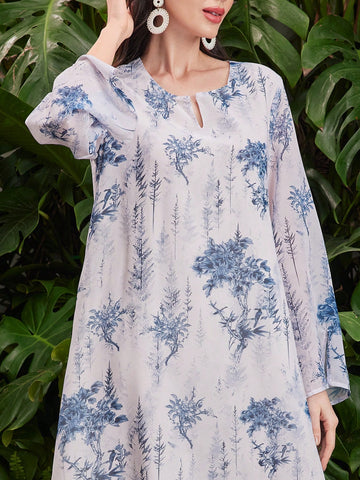 Round Neck Loose Fit Printed A-Line Dress With Flare Sleeves