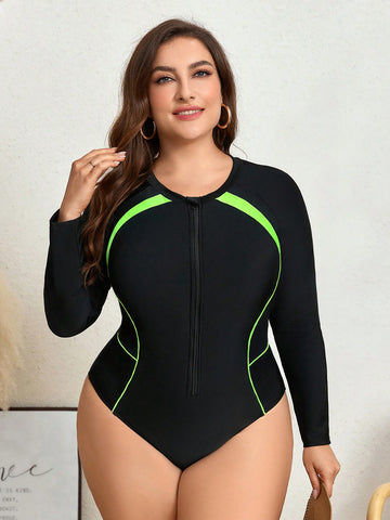 Plus Size Color Block Zip Front Sleeveless Jumpsuit Swimsuit With Shoulder Straps