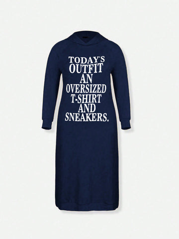 Plus Size Spring Hooded Long Hoodie Dress With Slogan Print