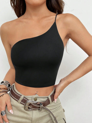 Black Knitted Single Shoulder Cropped Cami Top