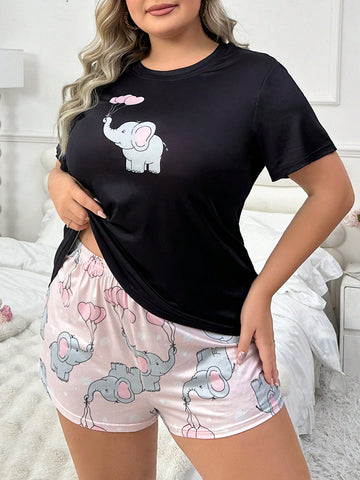 Plus Size Elephant Printed Comfortable Pajama Set For Summer