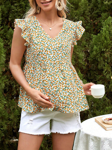 Maternity Romantic Garden Floral Print Regular Fit Shirt With V-Neck And Ruffle Edge Sleeves