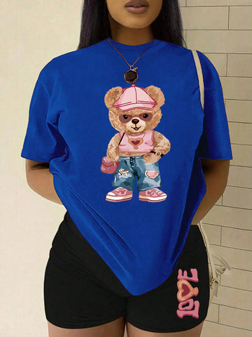 Plus Size Summer Casual Bear Printed Short Sleeve Top And Shorts Set