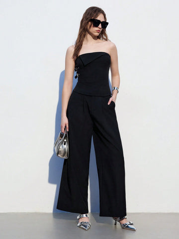 Casual Black Wide-Leg Suit Pants With Pleated And Slanted Pockets