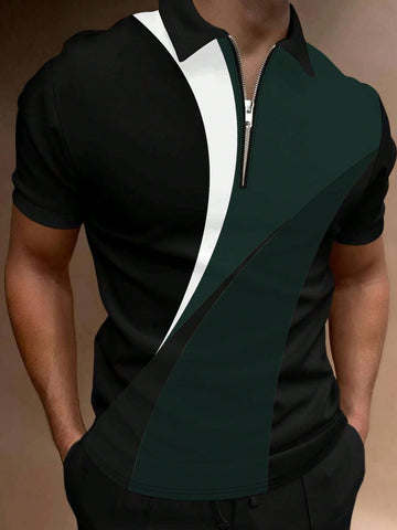 Men's Zipper Collar Short Sleeve Polo Shirt With Open Split, Summer