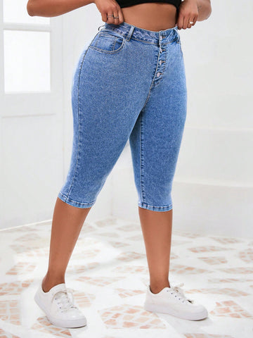 Plus Size Women's Fashionable Mid-Length Slim Fit Denim Pants For Summer