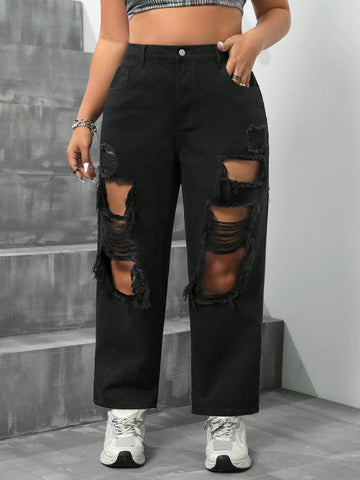Plus Size Distressed Casual Straight Leg Jeans