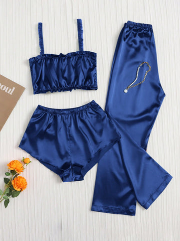 Solid Color Casual Sleepwear Set With Ruffle Detail Strap, Shorts And Long Pants