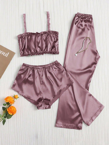 Women's Summer Home Wear Set With Camisole, Shorts, And Long Pants