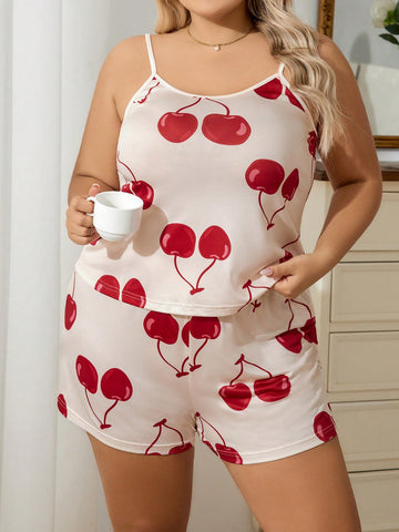 Plus Size Cherry Printed Pajama Set