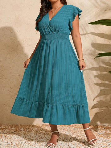 Plus Size Women's Summer V-Neck Short Sleeve Empire Waist Maxi Dress With Pleated Hem, Vacation Style
