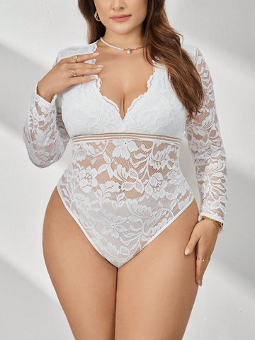 Plus Size Women's Long Sleeve Lace Patchwork Bodysuit For Spring/Summer