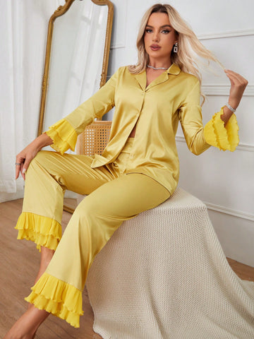 Women's Ruffle Trim Embellished Lapel Pajama Set