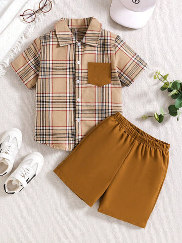 2pcs/Set Young Boys' Leisure Academy Style Grid Collar Colorblock Short Sleeve Shirt With Pocket And Beige Casual Shorts, Suitable For Daily Wear, School, Vacation, Spring And Summer Seasons.