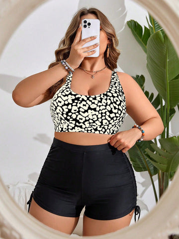 Summer Beach Plus Size Leopard Print Cross Back Swimsuit Set