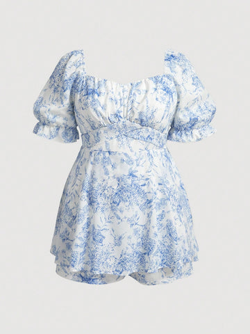 Plus Size Floral Print Sweetheart Collar Romper With Bubble Sleeves And Back Tie Detail For Spring