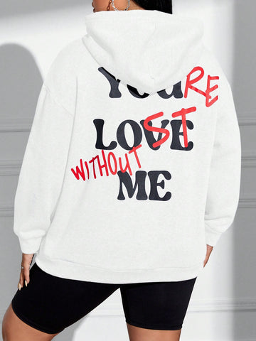 Plus Size Women's Spring/Autumn Loose Fit Hoodie With Slogan Print And Drop Shoulder Design