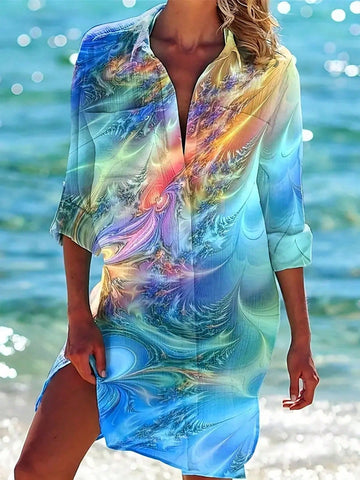 Plus Size Tie Dye Front Button Up Roll Sleeve Dress
