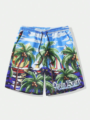 Men's Palm Tree Printed Woven Shorts For Daily Wear In Spring And Summer