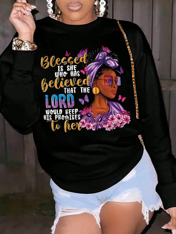 Women's Simple Round Neck Sweatshirt With Printed Character And Text Design