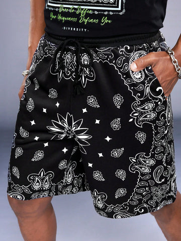 Men's Fashionable Loose Knitted Casual Shorts With Printed Patterns, Summer