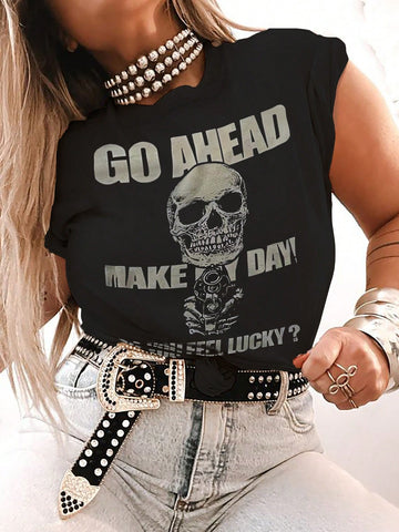 Plus Size Skull & Slogan Print Short Sleeve T-Shirt