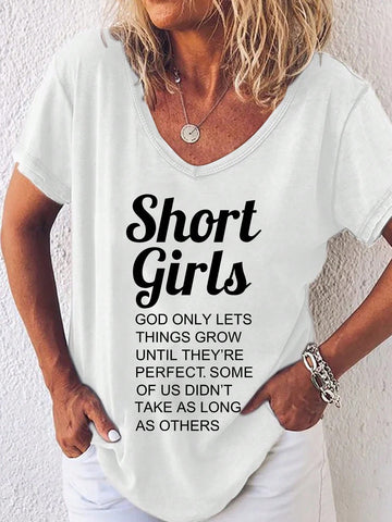 Plus Size Women's Summer Slogan Printed V-Neck Short Sleeve Casual T-Shirt