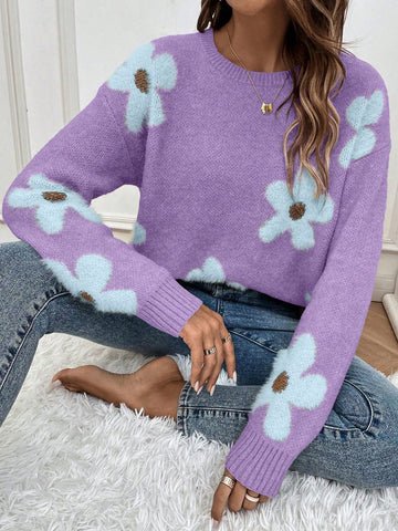 Casual Floral Pattern Drop Shoulder Sweater